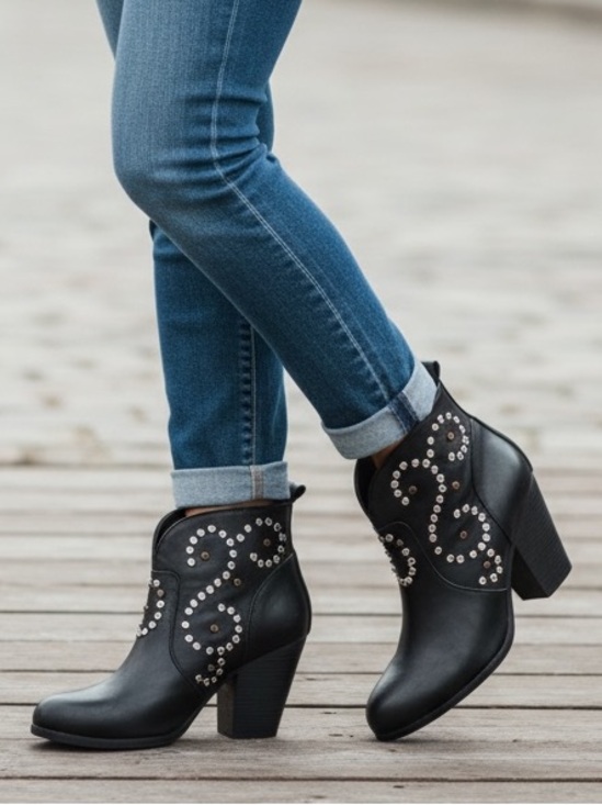 Steve Madden Shoes - Steve Madden Awsum Studded Leather Black Heeled Western Ankle Boots Sz 7